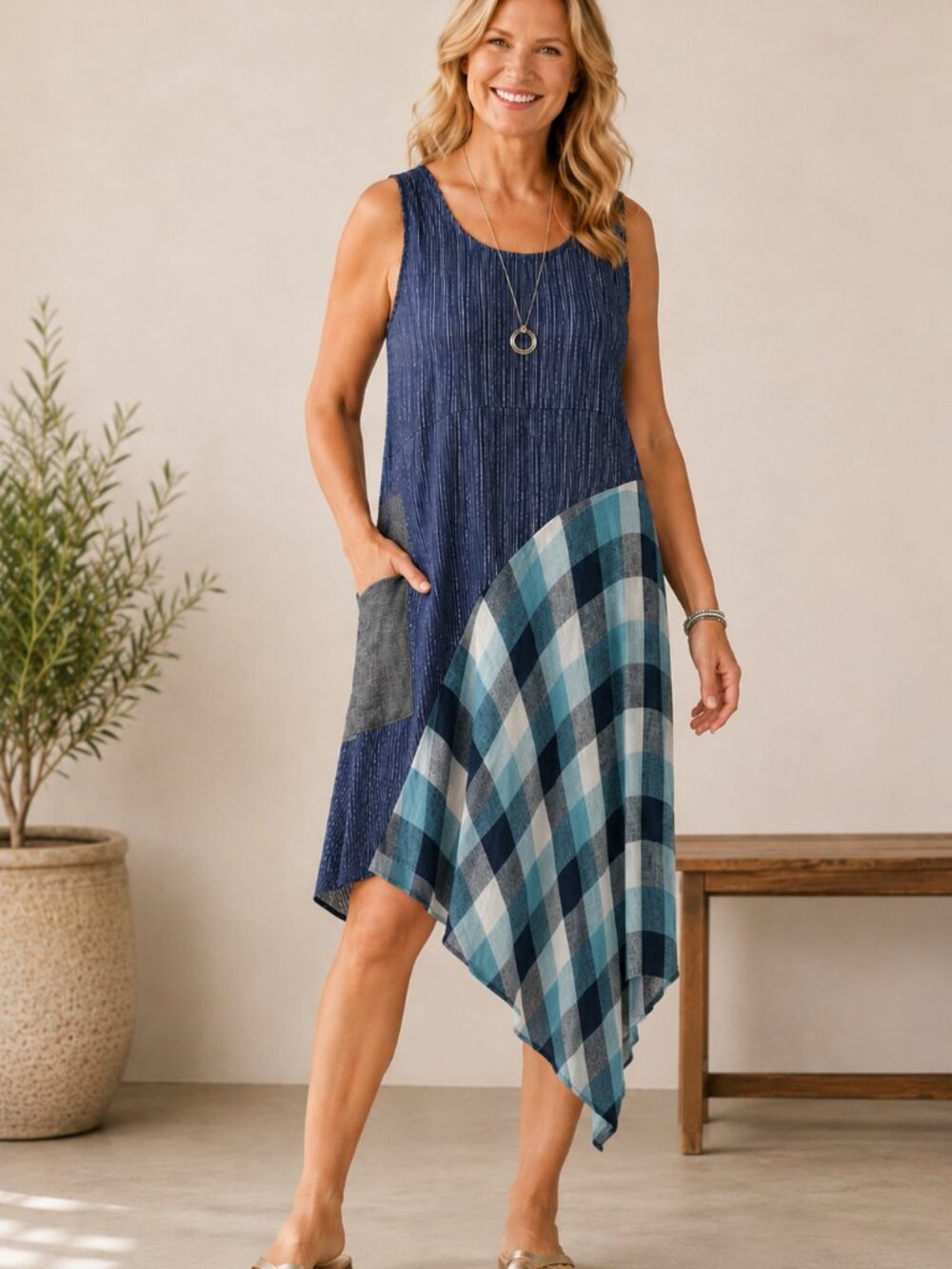 LIV By Habitat Women's SZ XL 100% Linen Ying Yang Dress Navy & Green Buffalo